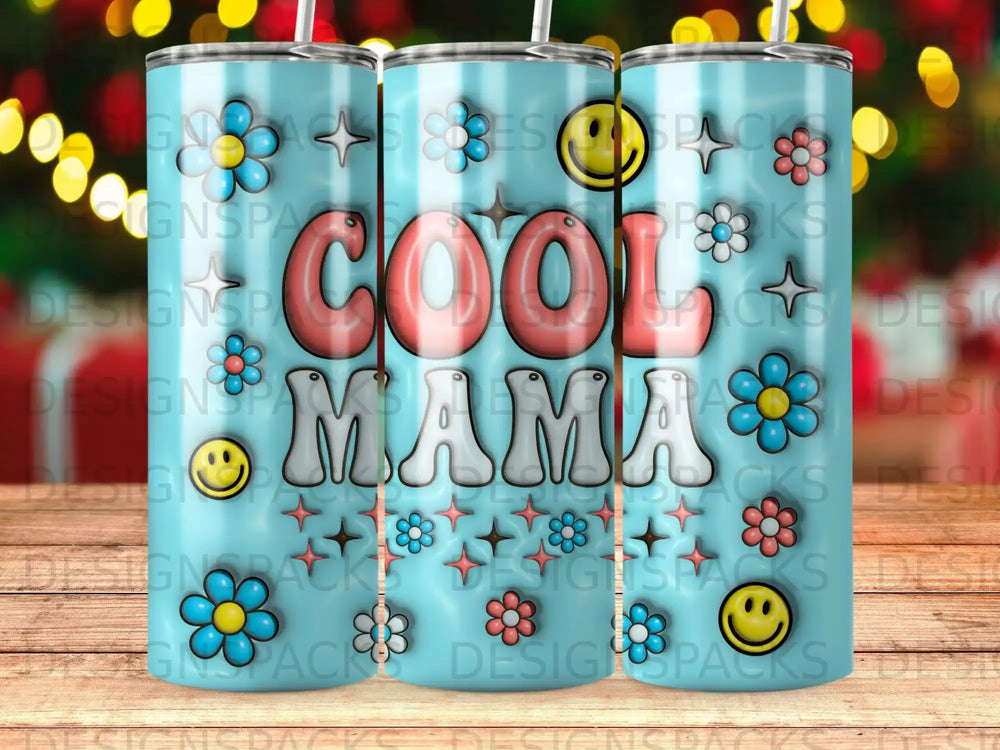 Blue tumbler with "COOL MAMA" text and floral and star designs.