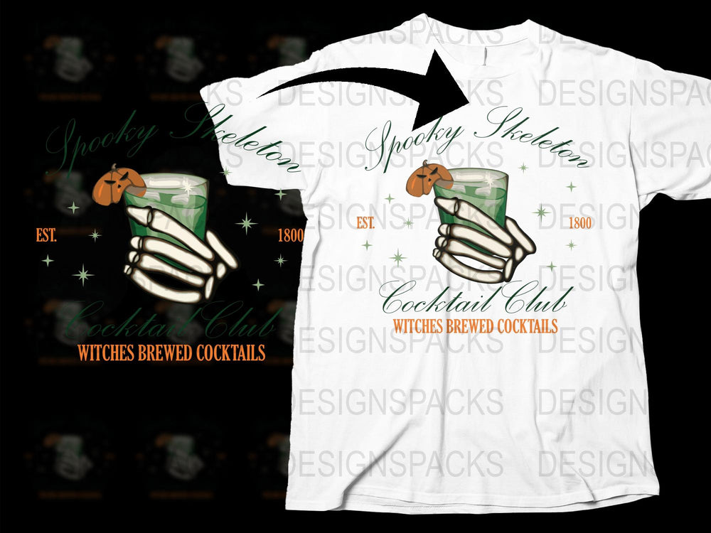 Spooky Skeleton Cocktail Club T-Shirt, Halloween Graphic Tee, Witches Brewed Cocktails Design, Unisex White Shirt