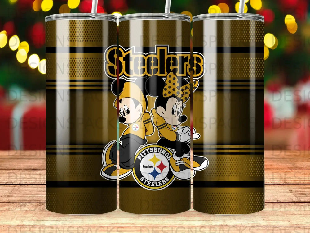 Mickey and Minnie Mouse in Pittsburgh Steelers uniforms with team logo.