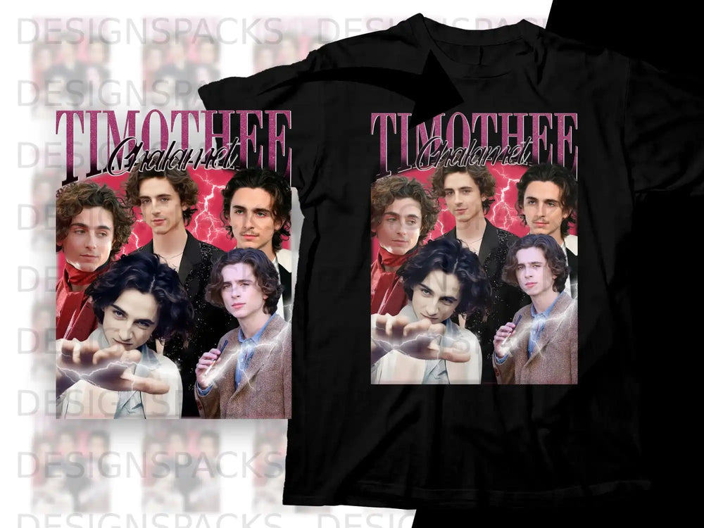T-shirt featuring collage of Timothée Chalamet images.