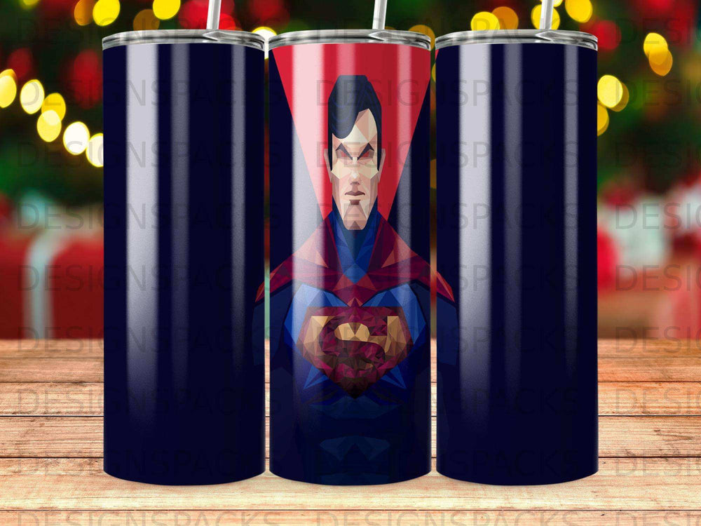 Superman's iconic crest on a blue, red, and yellow geometric background.