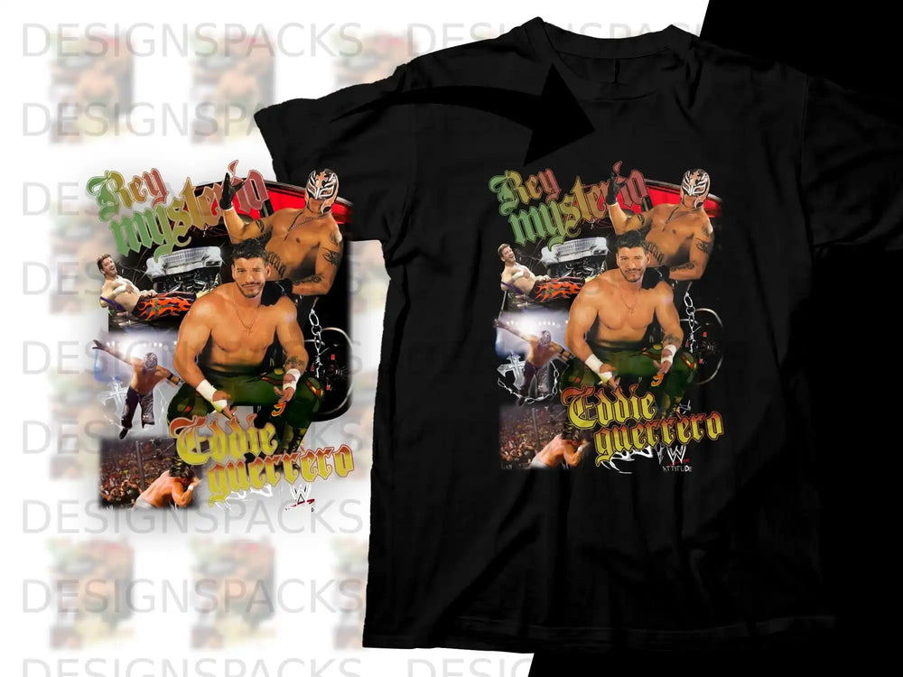 Black t-shirt with Rey Mysterio and Eddie Guerrero graphic, "ATTITUDE" text.