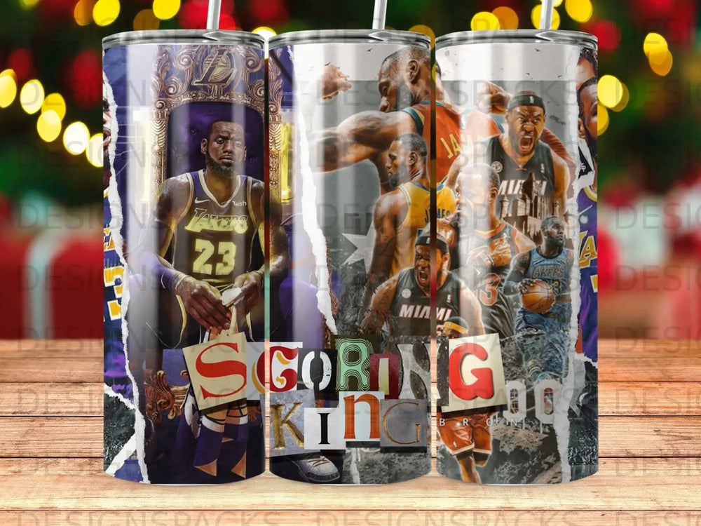 LeBron James, basketball player, with "SCORING" text and Lakers graphics.