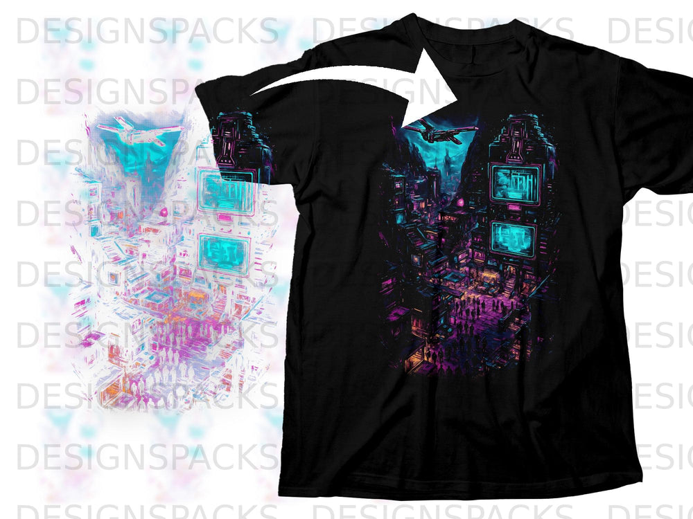 Black t-shirt featuring a neon cityscape with flying vehicles and glowing screens.