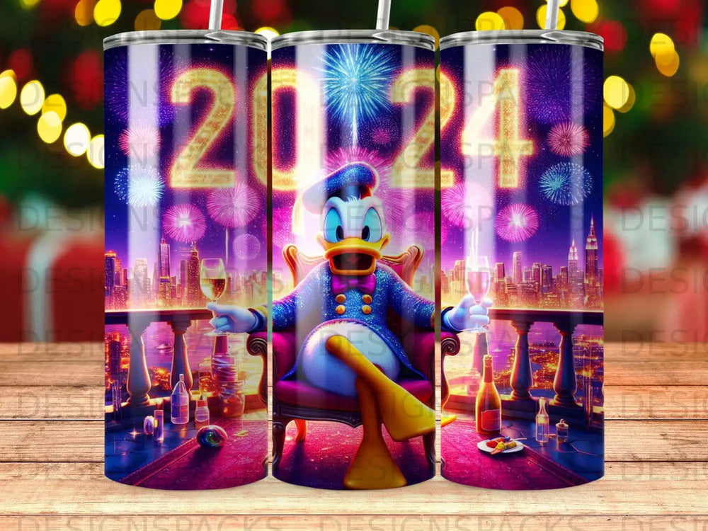 Donald Duck in sequined outfit holds champagne glasses, celebrating with fireworks and city skyline.
