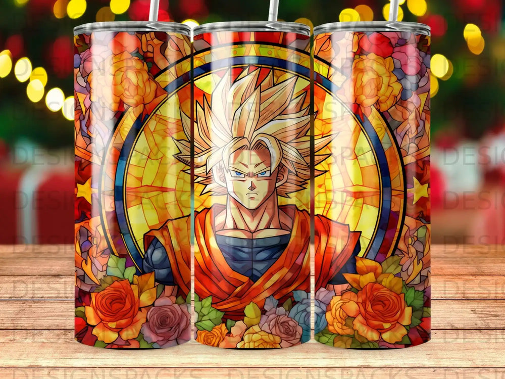 Goku in stained glass style with floral accents on a tumbler.