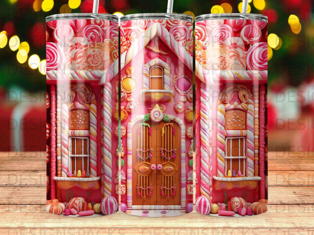 Pink gingerbread house with candy decorations and bokeh lights.