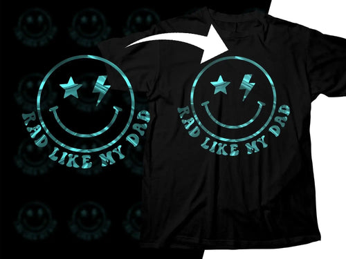Rad Like My Dad t-shirt design with smiley face, star, and lightning bolt in teal