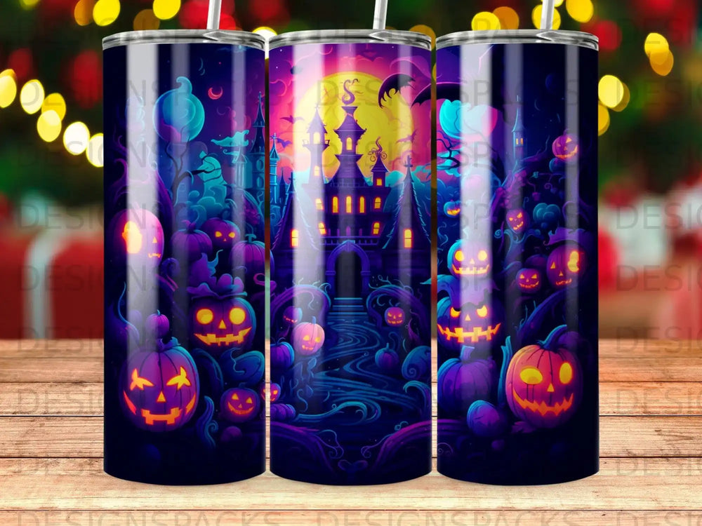 Halloween scene with pumpkins, a castle, and a bat under a moon.
