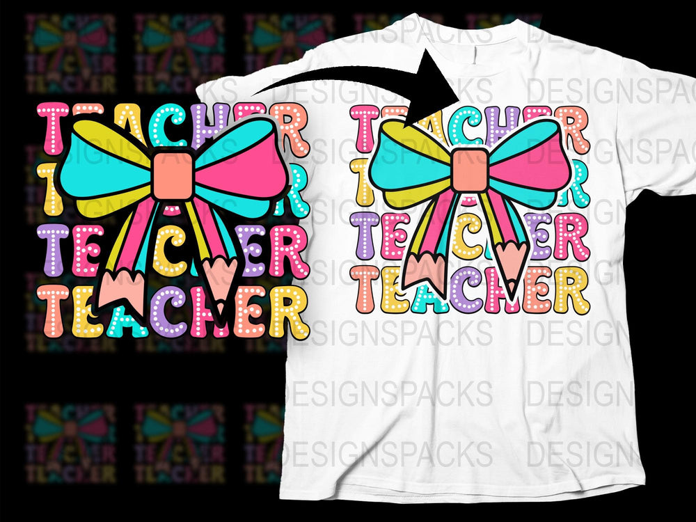 Colorful Teacher T-Shirt, Cute Educator Gift, Rainbow Text with Bows, School Tee, Casual Wear for Teachers