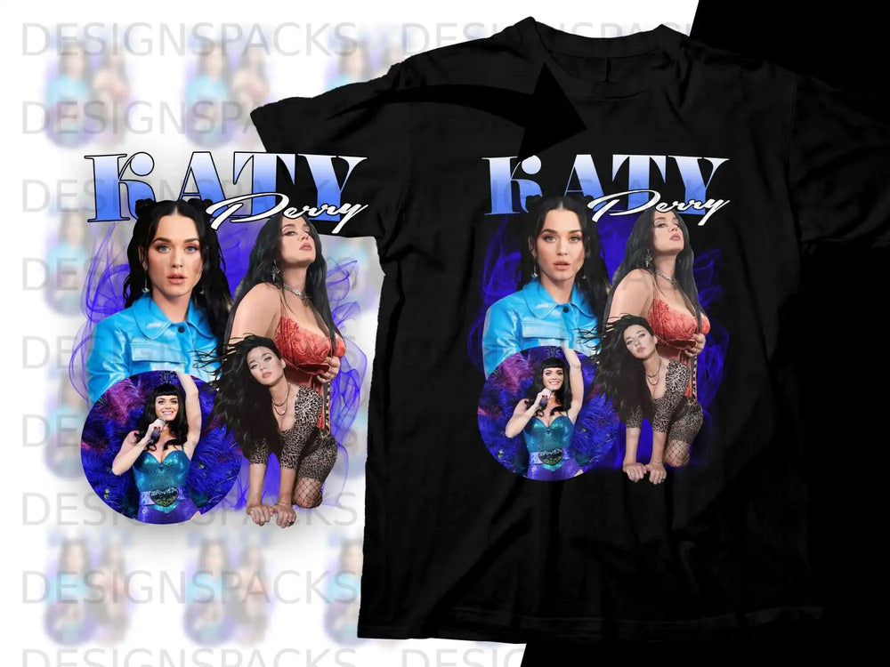 Katy Perry graphic t-shirt with blue jacket and feathered accents.