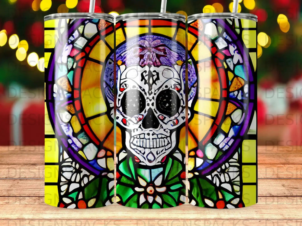 Stained glass sugar skull tumbler with colorful border and lights.