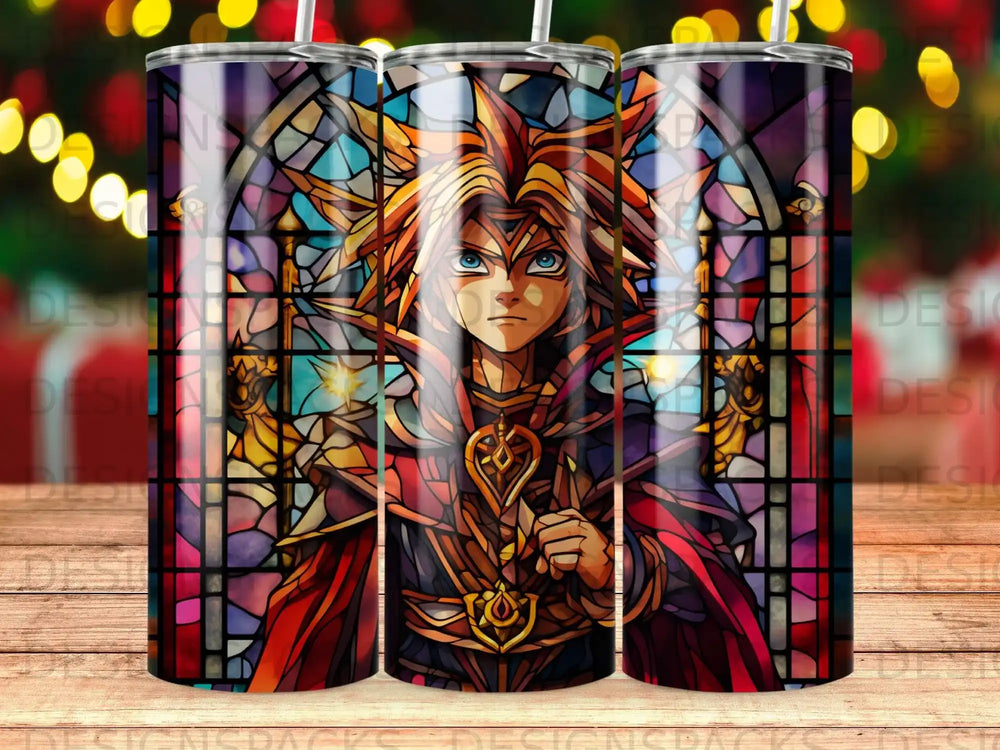 Stained glass design with anime character in ornate robes, holding a key.