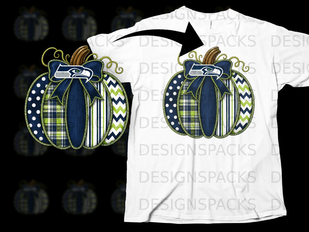 Seattle Seahawks logo on a patchwork pumpkin with navy, green, and white patterns.