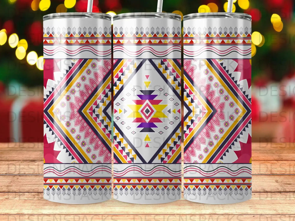 Three tumblers with a colorful geometric tribal pattern.