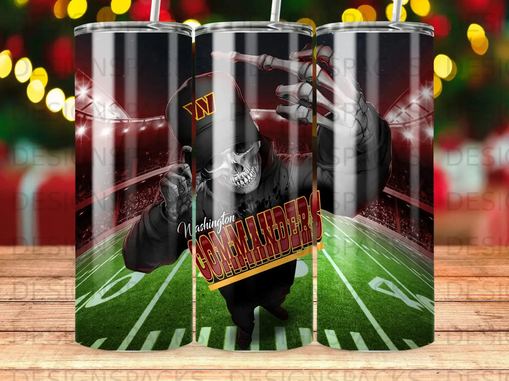 Washington Commanders skull and skeleton mascot on football field.