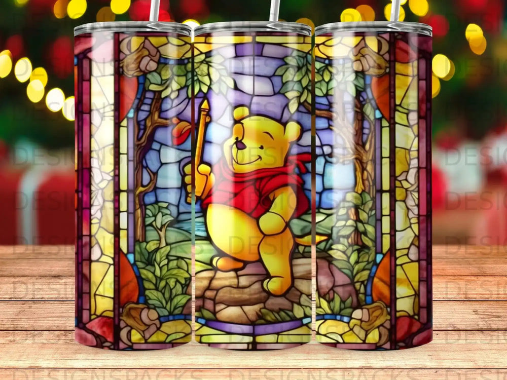 Winnie the Pooh in stained glass style holding a honey pot.
