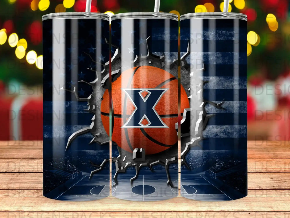 Basketball with X logo against American flag, on a court.