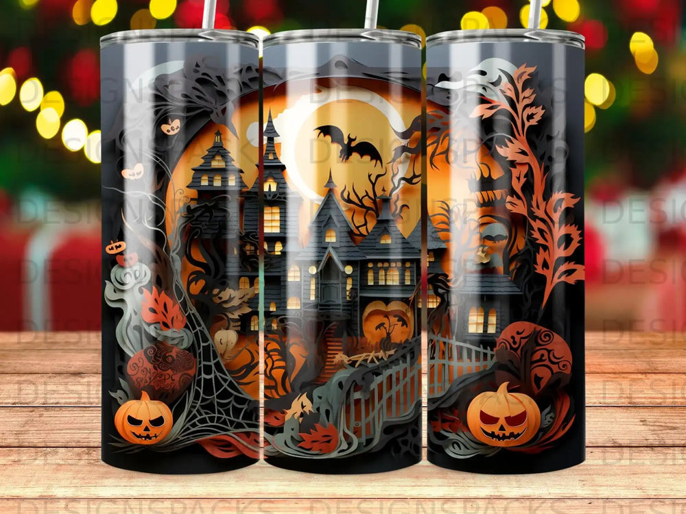Haunted house with pumpkins, bats, and Halloween motifs on a tumbler wrap.