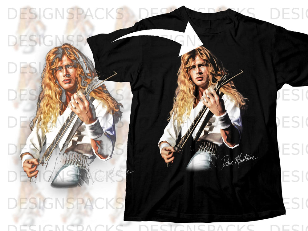 Black t-shirt with artwork of Dave Mustaine playing guitar, signed "Dave Mustaine".