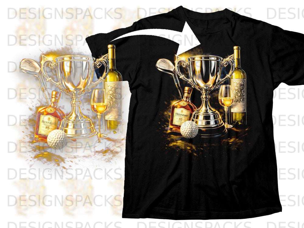 Black t-shirt with trophy, golf club, balls, and bottles of Hennessy and wine.