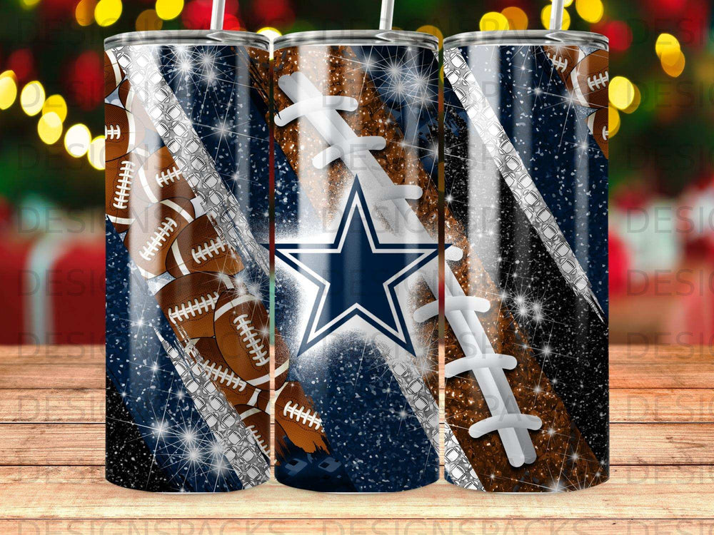 Dallas Cowboys themed tumbler with footballs, stars, and glitter.
