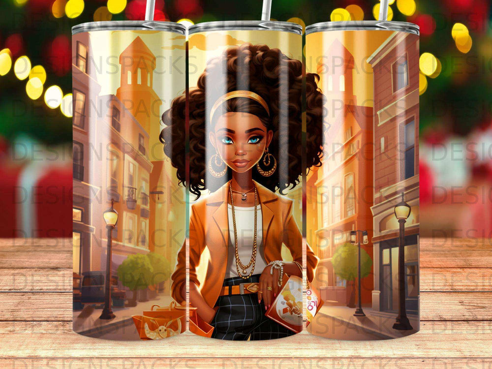 Woman in orange blazer holding a bag and book with city background.