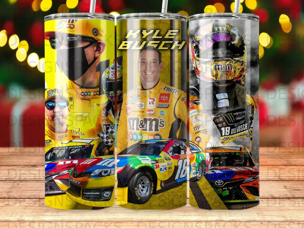 Kyle Busch racing tumbler with M&Ms, Toyota, and Monster Energy branding.