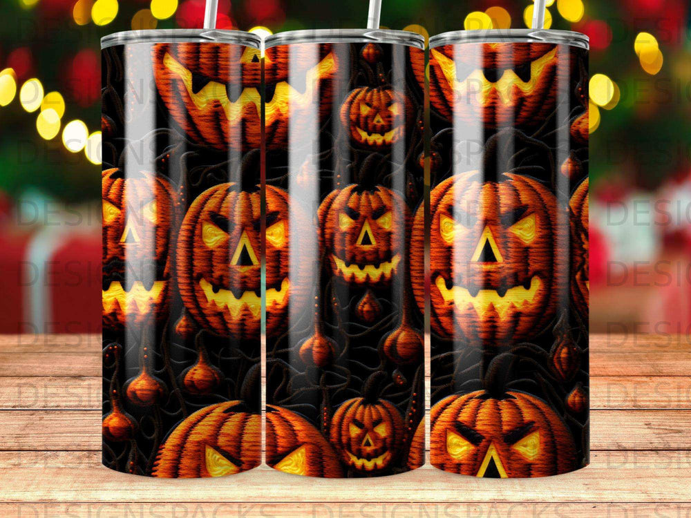 Halloween jack-o'-lanterns on a black background with bokeh lights.