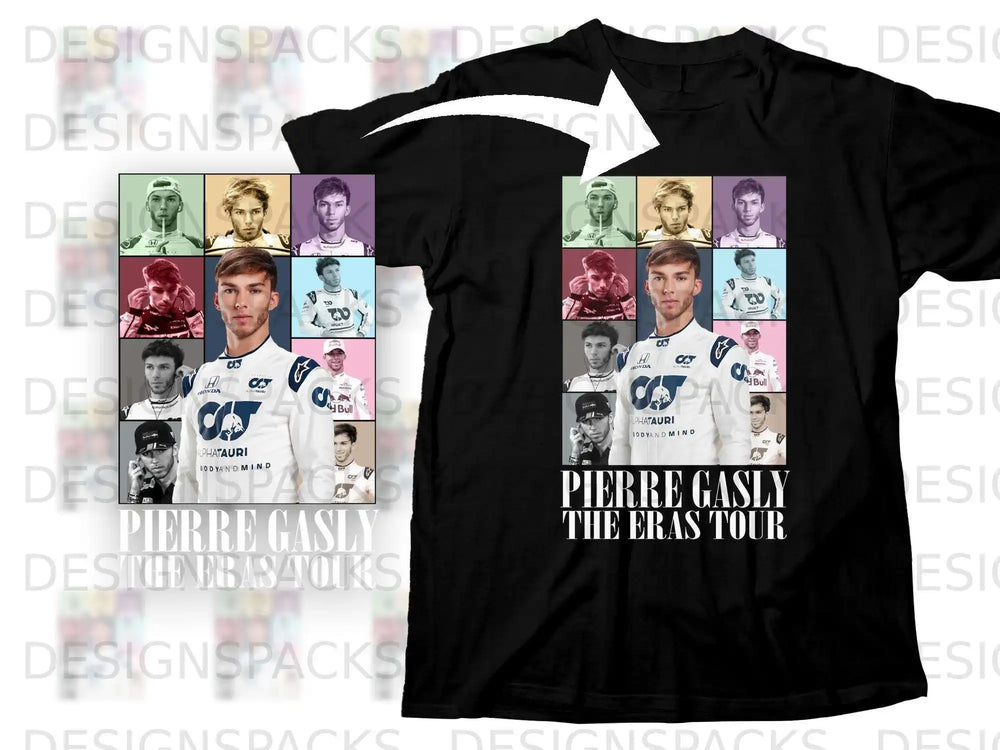 Black t-shirt with collage of Pierre Gasly's racing photos and "Pierre Gasly The Eras Tour" text.