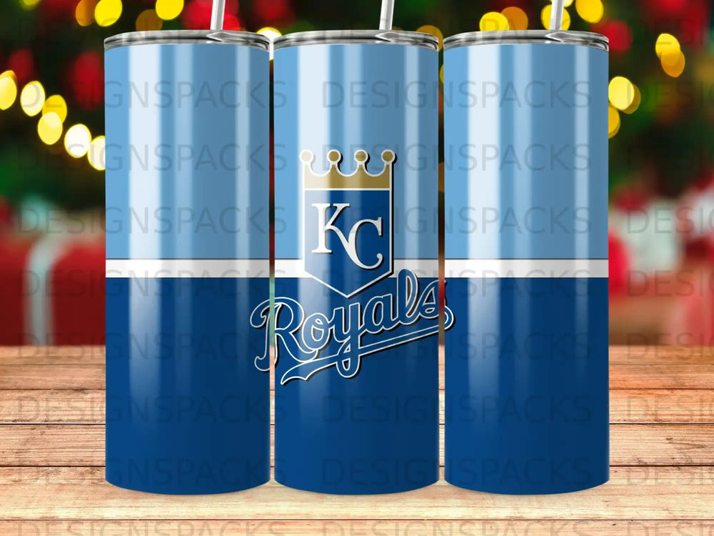 Kansas City Royals logo on a blue tumbler with vertical white stripes.