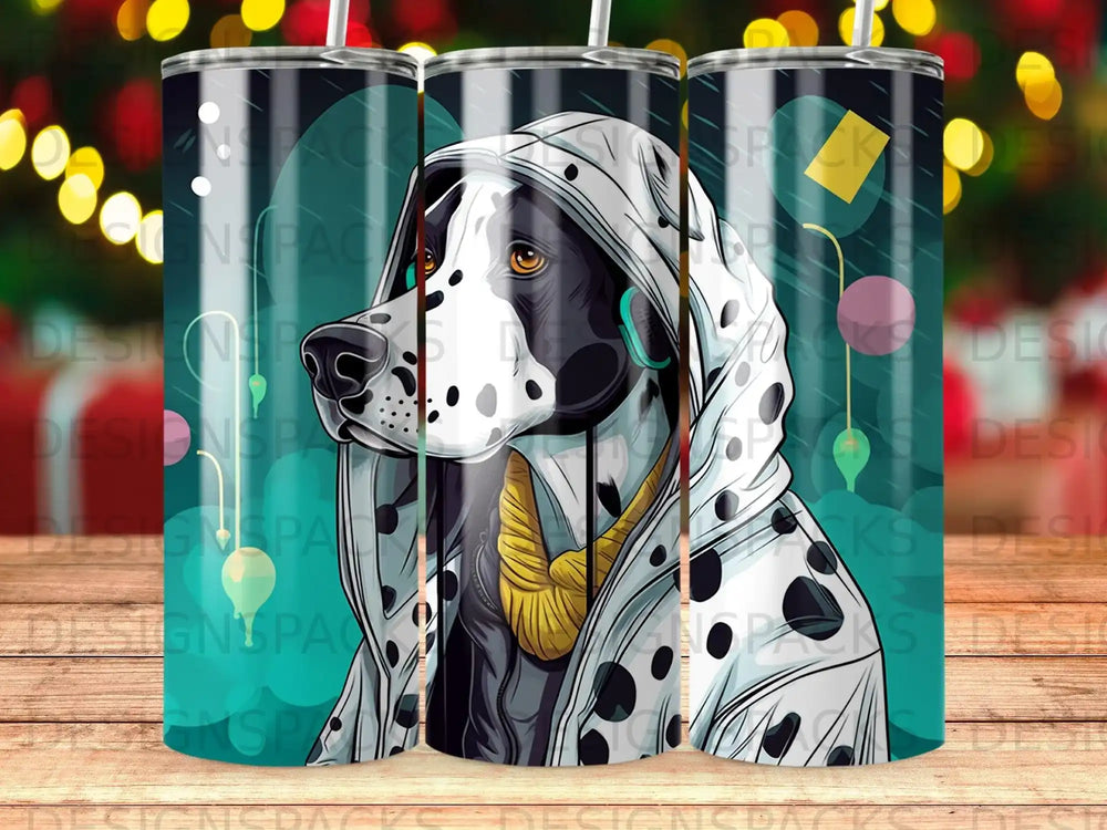Dalmatian dog wearing a hooded jacket with yellow accents.