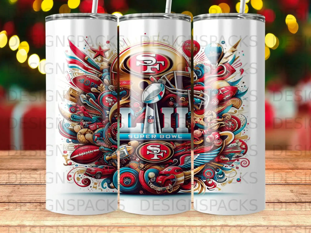 Super Bowl LIII logo with football, helmets, and team elements.