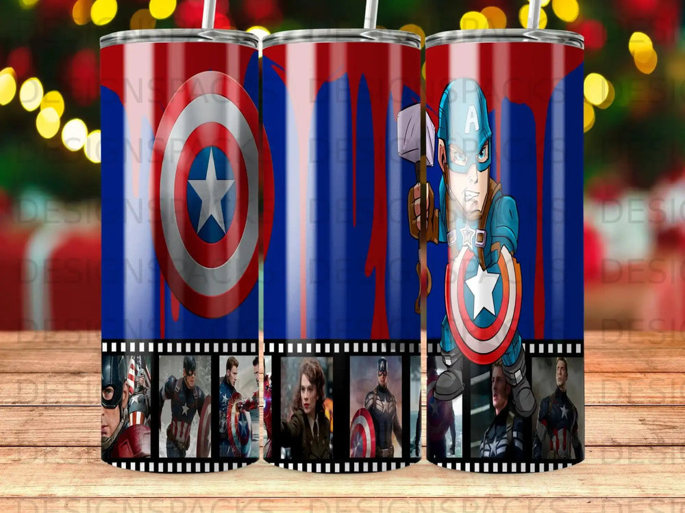 Captain America holding shield and hammer, movie stills below.