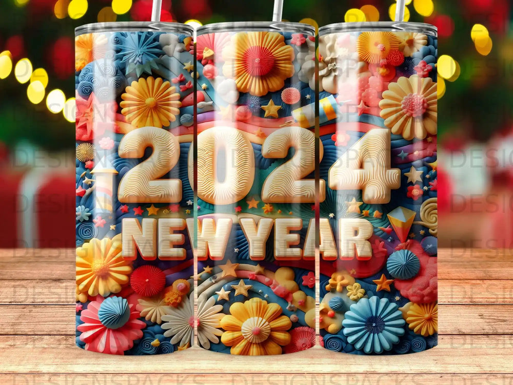 2024 New Year tumbler design with colorful floral and starburst elements.