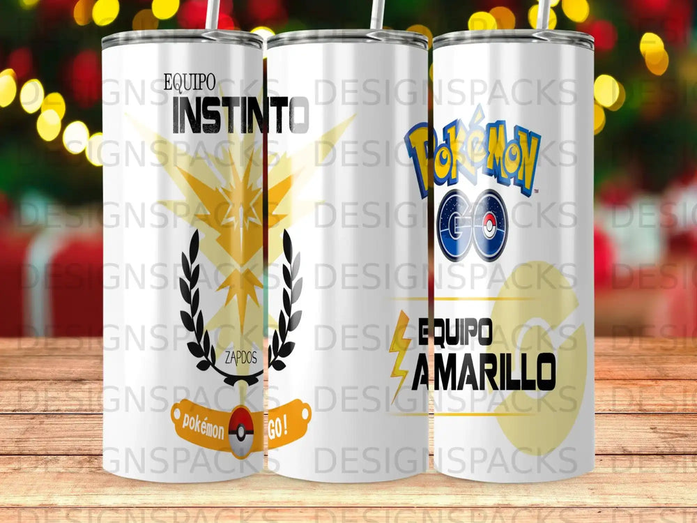 Team Instinct Pokémon GO tumbler with Zapdos, yellow, and pokéball designs.