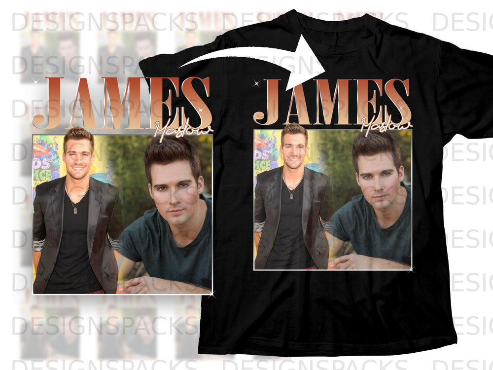 Black t-shirt with "JAMES Maslow" text and two images of the actor.