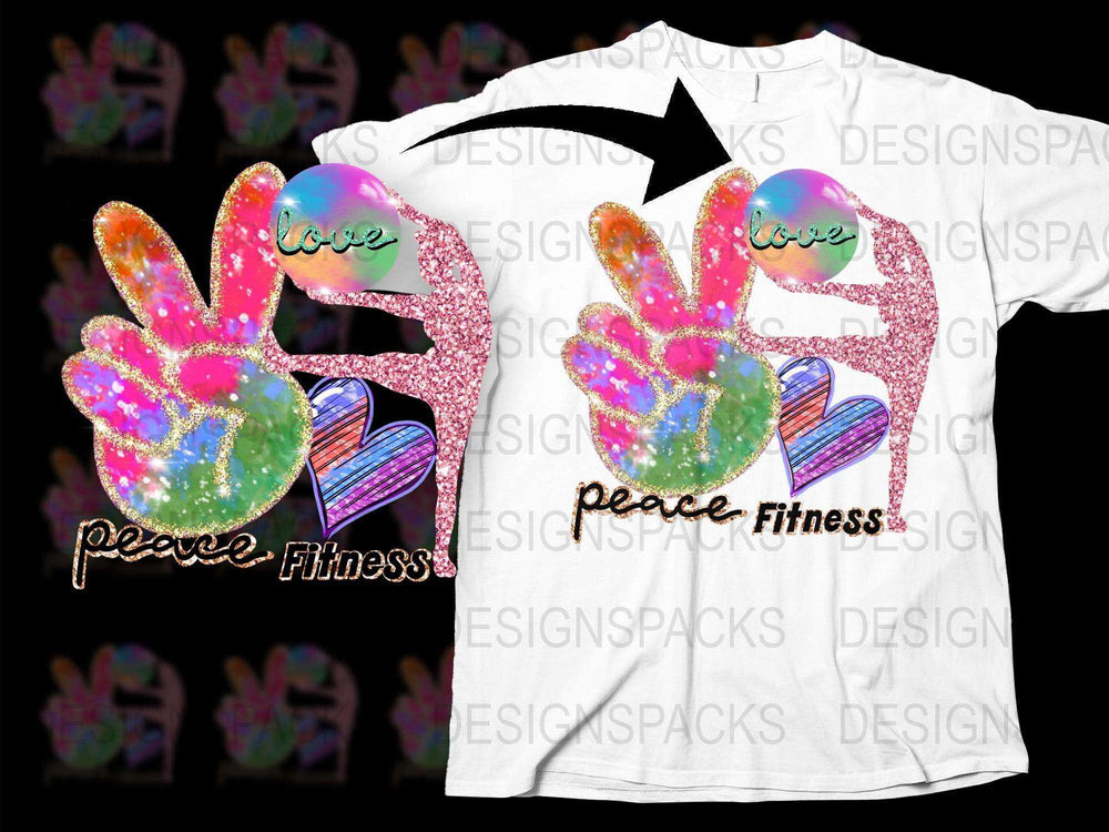 Colorful Peace Love Fitness Graphic T-Shirt, Glitter Holographic Hand Sign Tee, Sparkly Yoga Top, Casual Streetwear, Fashionable Workout