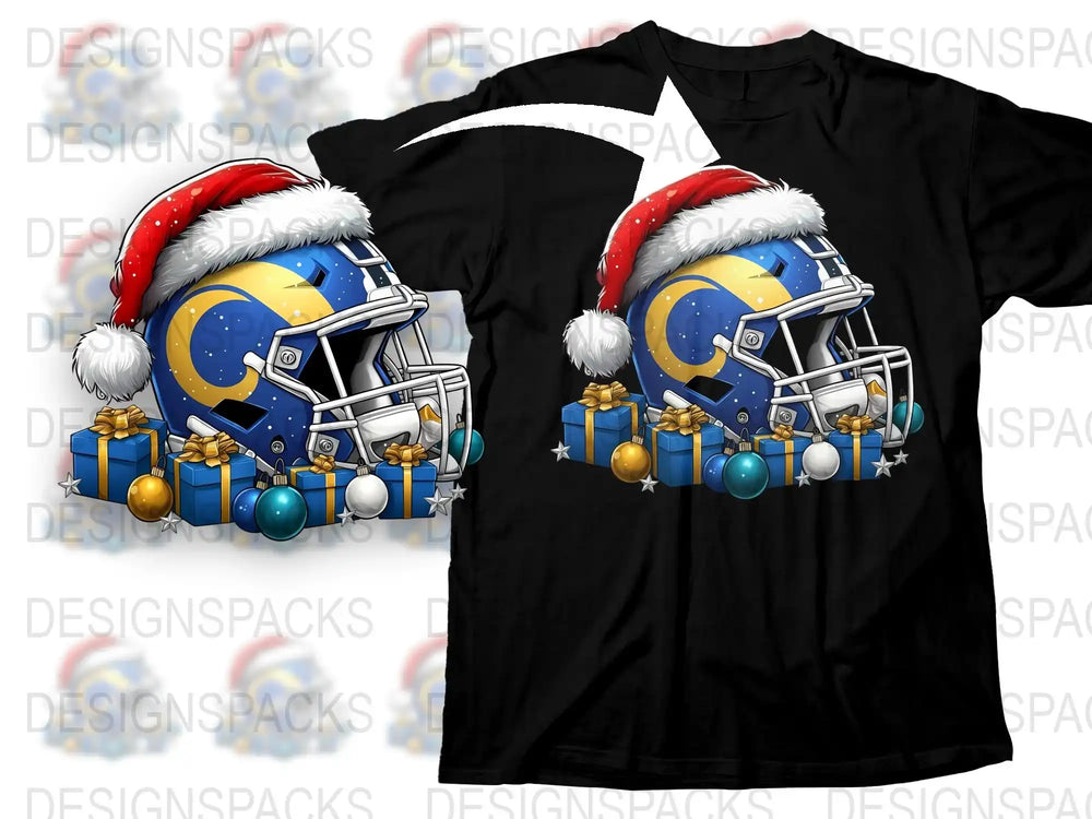 Festive Holiday Football Helmet T-Shirt, Christmas Sports Fan Gift, Graphic Tee with Santa Hat, Unique Winter Apparel