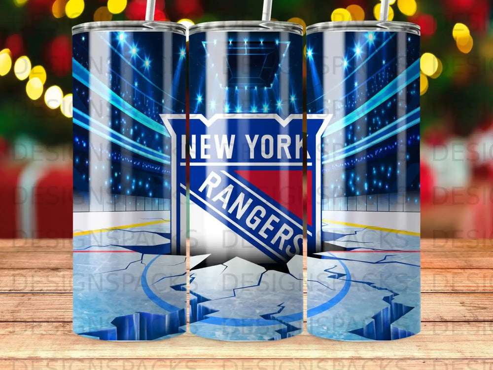 New York Rangers logo on a stadium rink background.