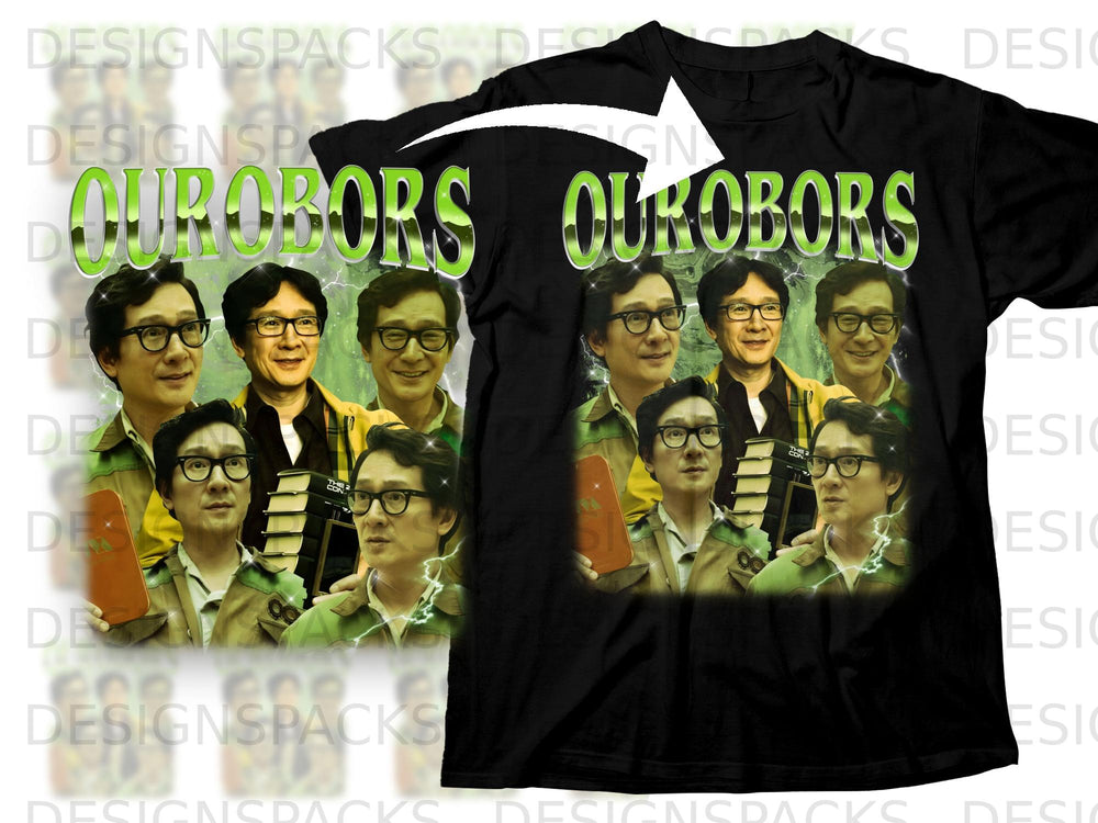 Black t-shirt with "OUROBOROS" text and collage of Asian men wearing glasses.