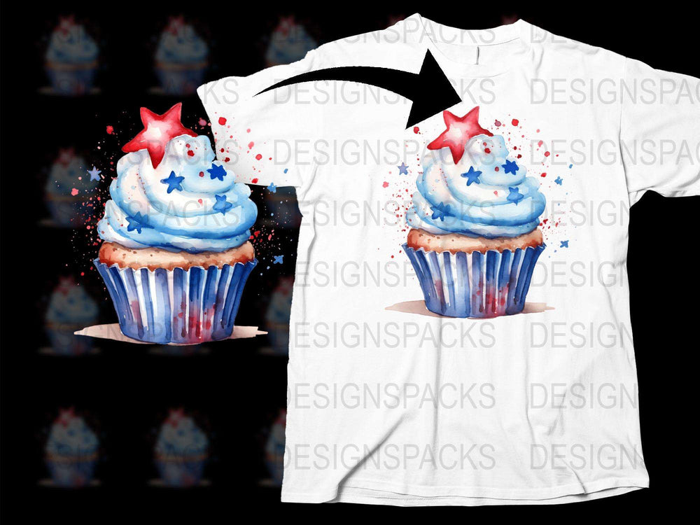 Patriotic Cupcake T-Shirt, Watercolor Dessert Print, Red White Blue Stars, Unisex Graphic Tee, Independence Day Apparel