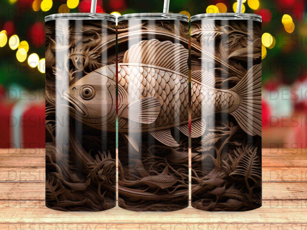 Brown wooden tumbler with carved fish and swirling wood grain pattern.