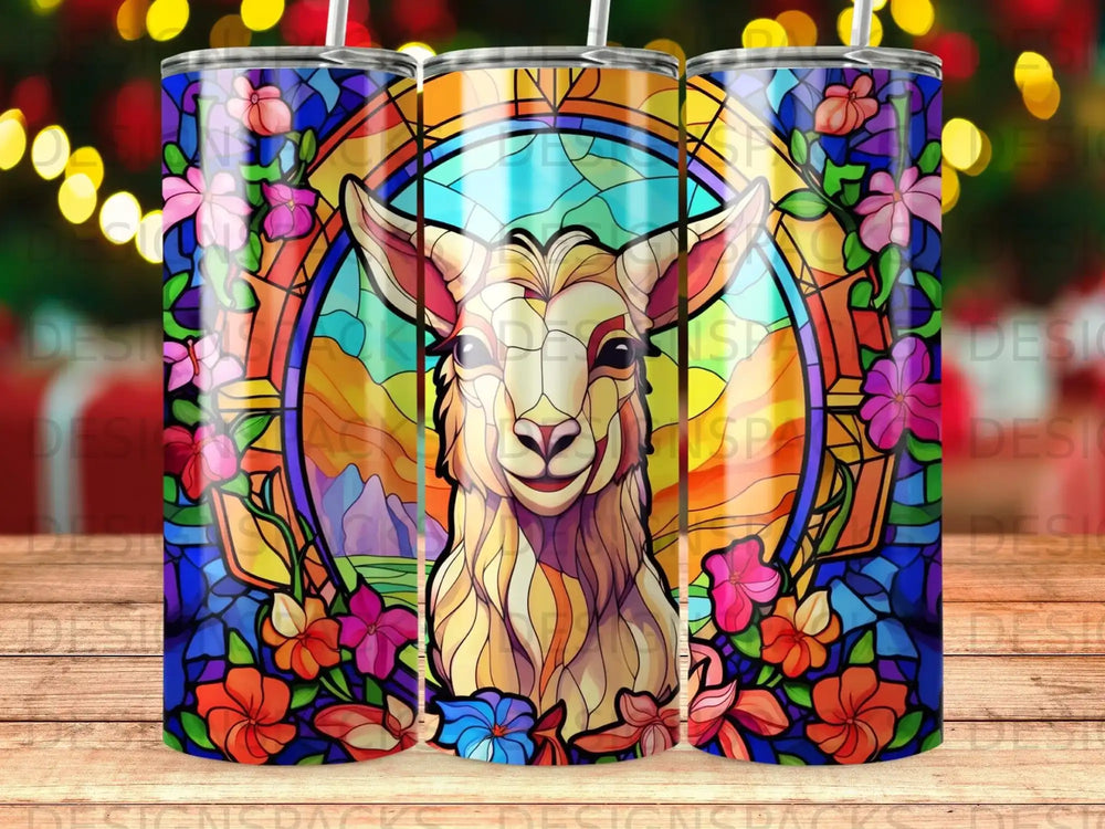 Stained glass llama surrounded by colorful flowers and mountain landscape.