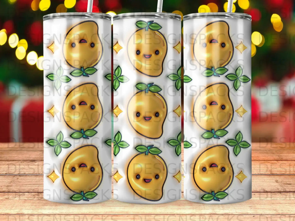 Pattern of smiling mangoes with leaves on a white background.