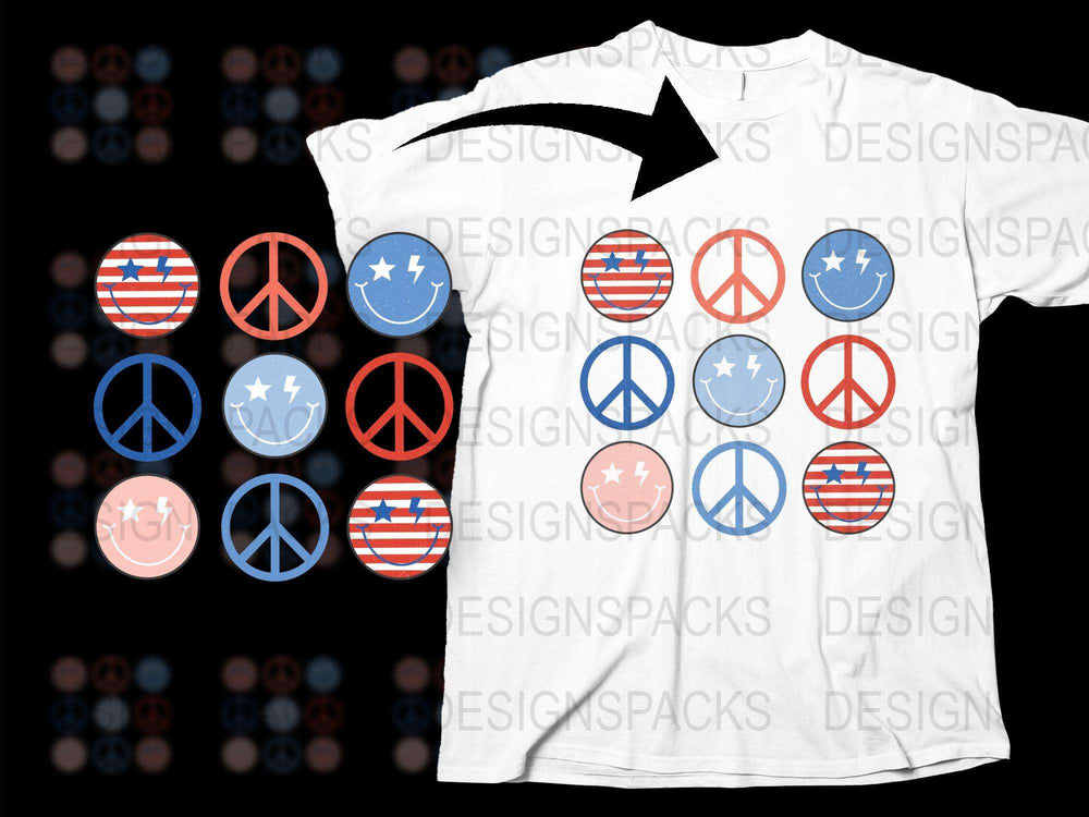 Colorful Peace Sign T-Shirt, Retro Hippie Symbols, Red Blue White, Unisex Fashion Top, Casual Wear