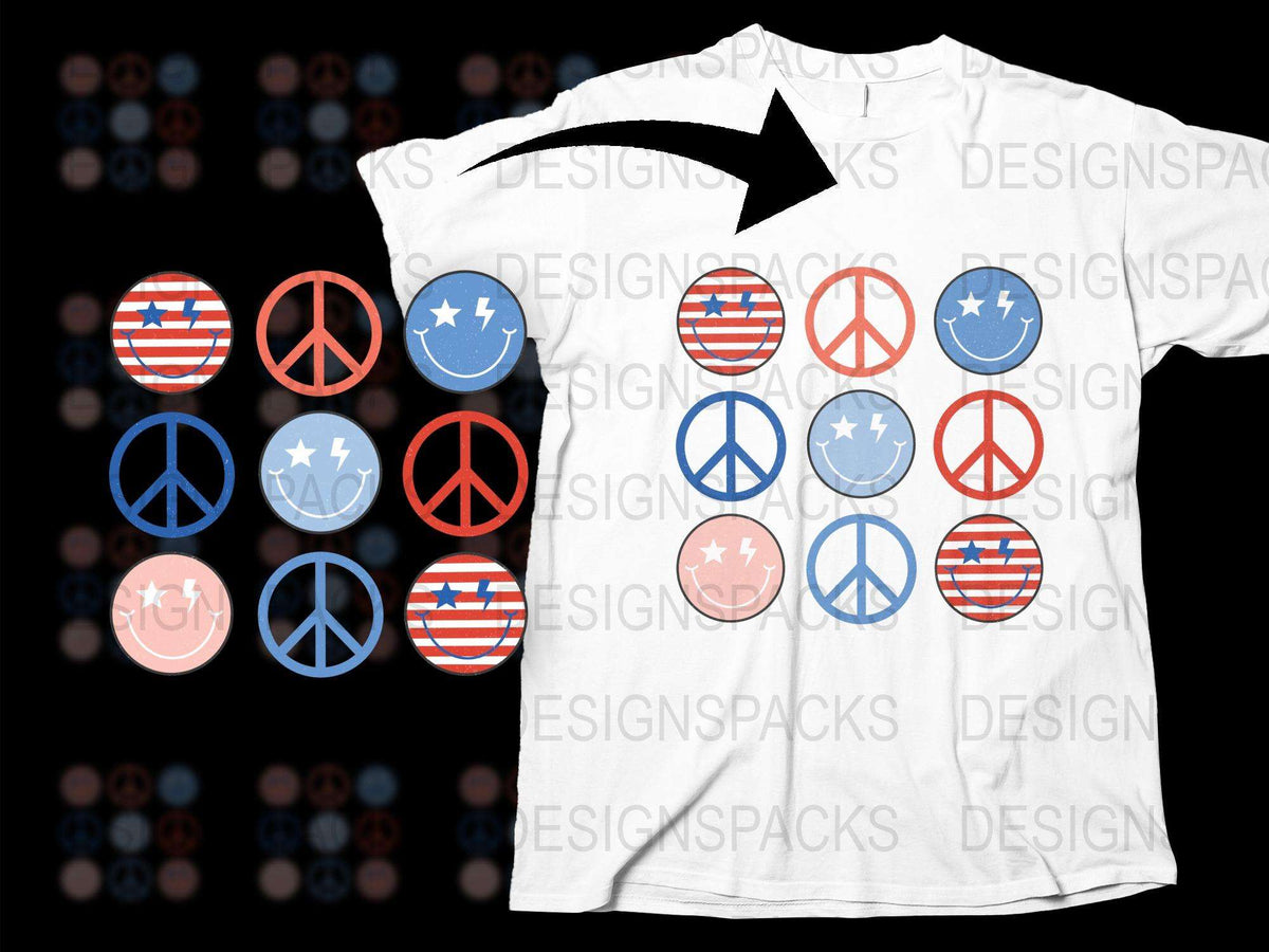 Colorful Peace Sign T-Shirt, Retro Hippie Symbols, Red Blue White, Unisex Fashion Top, Casual Wear