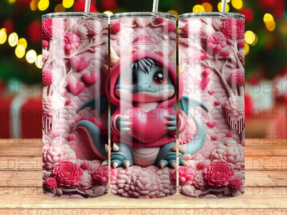 Dragon wearing hoodie holding heart, surrounded by pink flowers and clouds.