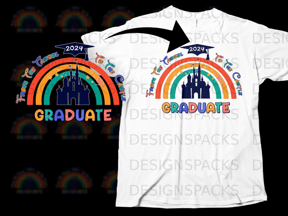 Graduation design with castle, rainbow, and 2024 text.