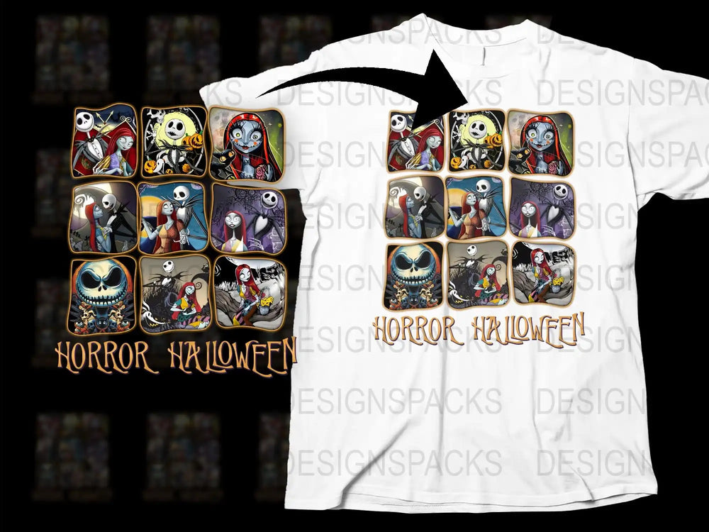 Horror Halloween T-Shirt with Spooky Cartoon Characters, Gothic Style Graphic Tee, Unisex Adult Clothing